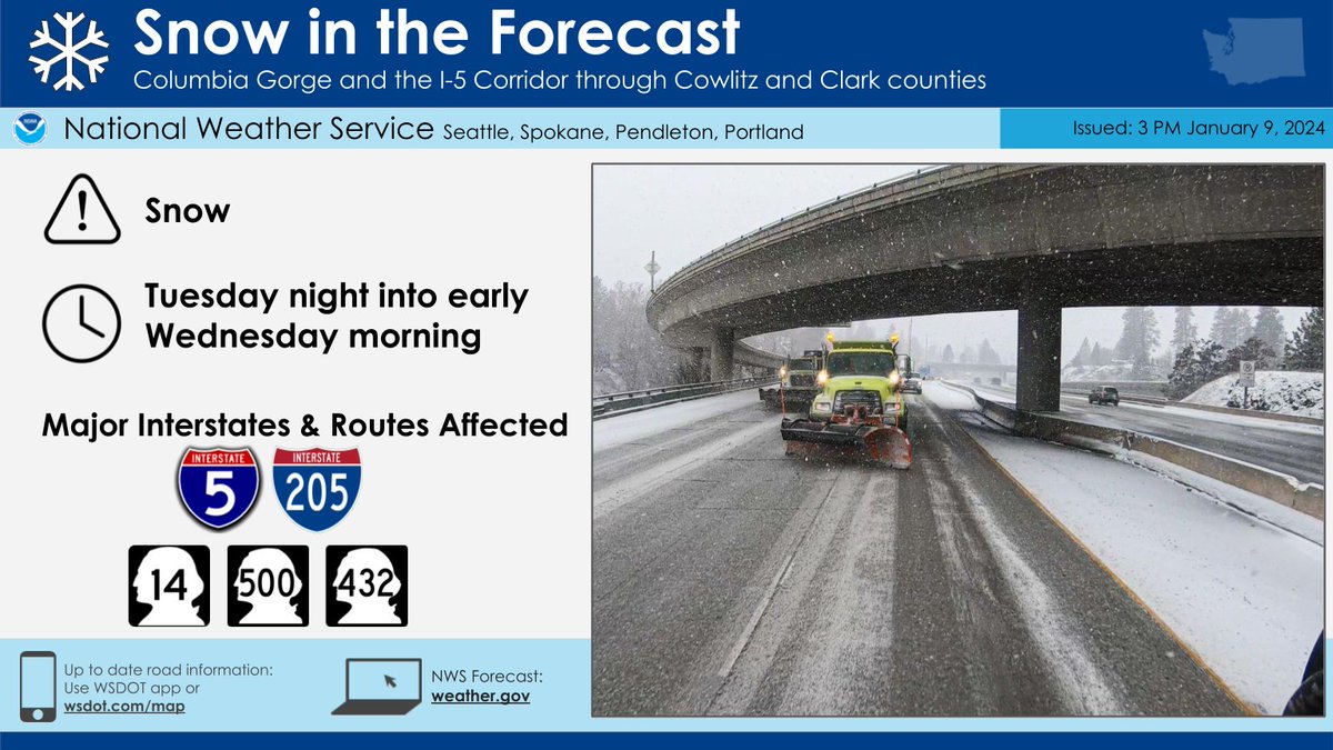 wsdot_southwest's tweet image. Forecasted ❄️SNOW❄️ starting TONIGHT

Lowland travelers can expect to see snow &amp;amp; experience low visibility, but the roadways will only have wet slush. Ramps &amp;amp; bridges tend to get colder causing slick road conditions-drive slowly, leave space between cars &amp;amp; plows and use caution.