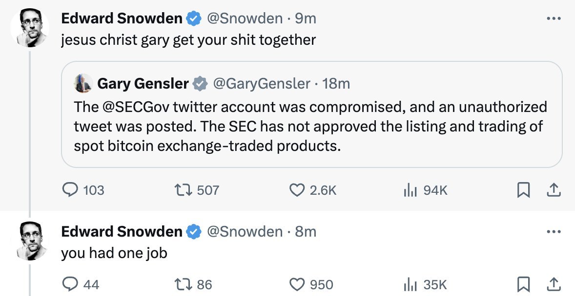 BitcoinArchive's tweet image. 💥NEW: Ed Snowden tells Gary Gensler to "get your shit together...you had one job" 😅 

Ed doesn't miss.