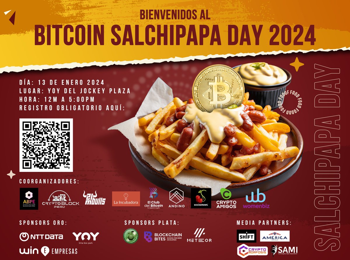 ABPE_Asociacion's tweet photo. Hola  comunidad, no se olvide de asistir al Bitcoin Salchipapa Day 2024 este sábado 13 ENE  de 12m a 6,00pm en el YOY - Jockey Plaza, con una súper agenda de presentaciones, pueden escribirse gratuitamente https://t.co/qE7e2Z5ZRX  Salchipapas gratis y más!
#BTCSalchipapaDay24 https://t.co/WIHTsTn9As