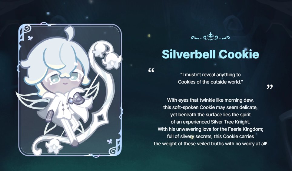 koffeebeecookie's tweet photo. (Kingdom) The site teases 3 new cookies which will presumably release throughout the Anniversary update, as well as White Lily cookie 🌷 

🏹 Silverbell Cookie
⚔️ Mercurial Knight Cookie
🌳 Elder Faerie Cookie

#cookierun #cookierunkingdom 
🔗 Source: https://t.co/TavdDKXeMk https://t.co/tbvGhti9FB