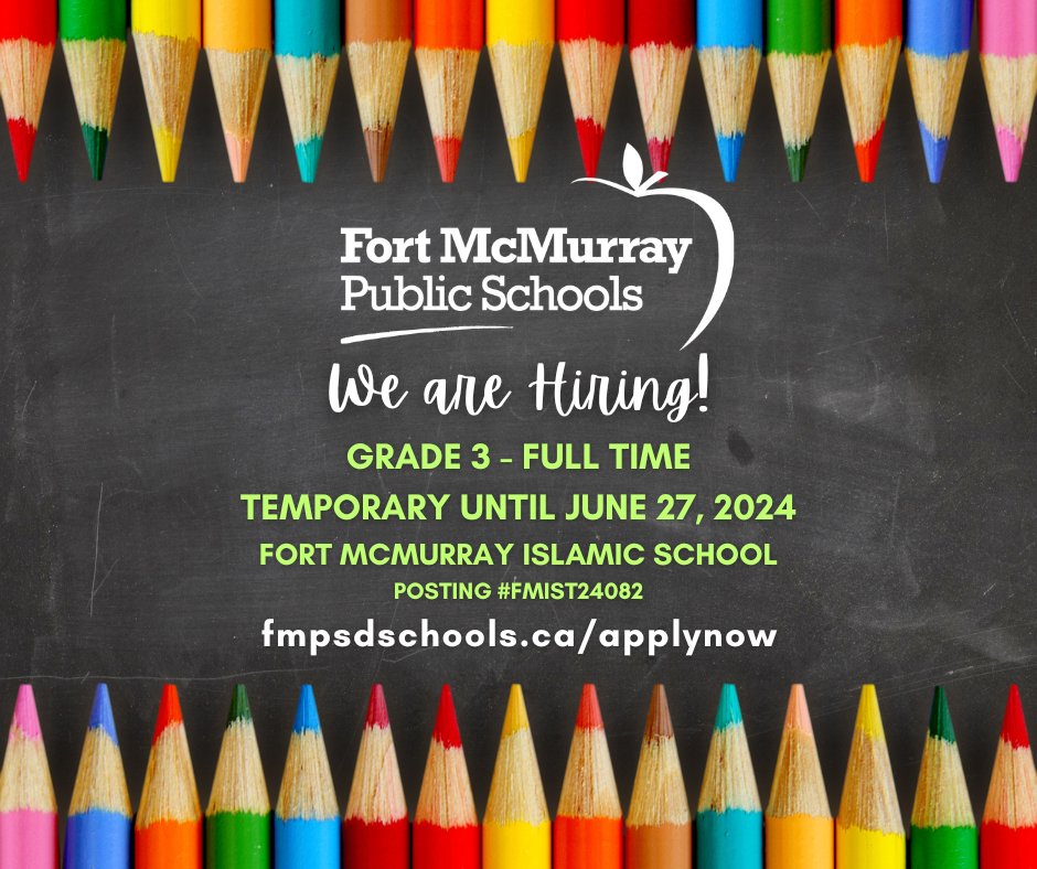 Full-time grade 3 teaching position available at Fort McMurray Islamic School. FMIS is a school within the Fort McMurray Public School Division. For more info on this and other available positions: fmpsdschools.ca/applynow @FMPSD