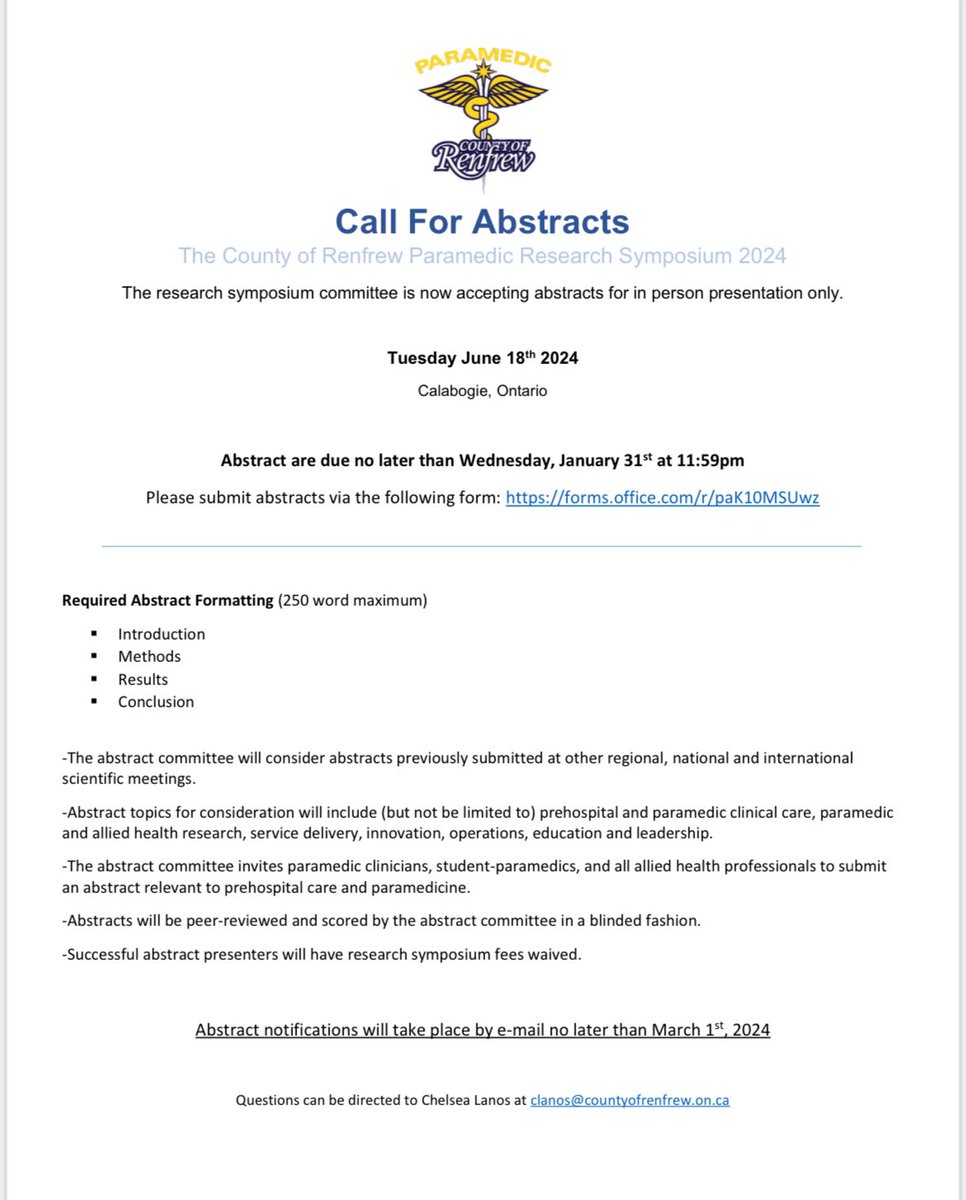 Renfrew Paramedic Research (@renfrewresearch) on Twitter photo CALL FOR ABSTRACTS NOW OPEN! Deadline January 31st, 2024! ‼️ CALL FOR ABSTRACTS NOW OPEN! Deadline January 31st, 2024! ‼️