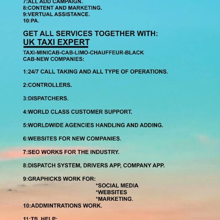 WITH   'UK TAXI EXPERT' YOU WILL GET:
#innovation  #technology #technology #socialnetworking  #motivation #sustainability #healthcare #education #design #sales #fundraising #construction #business #recruitment
email:uktaxiexpert@gmail.com
whatsapp:+8801303198186
UK TAXI EXPER