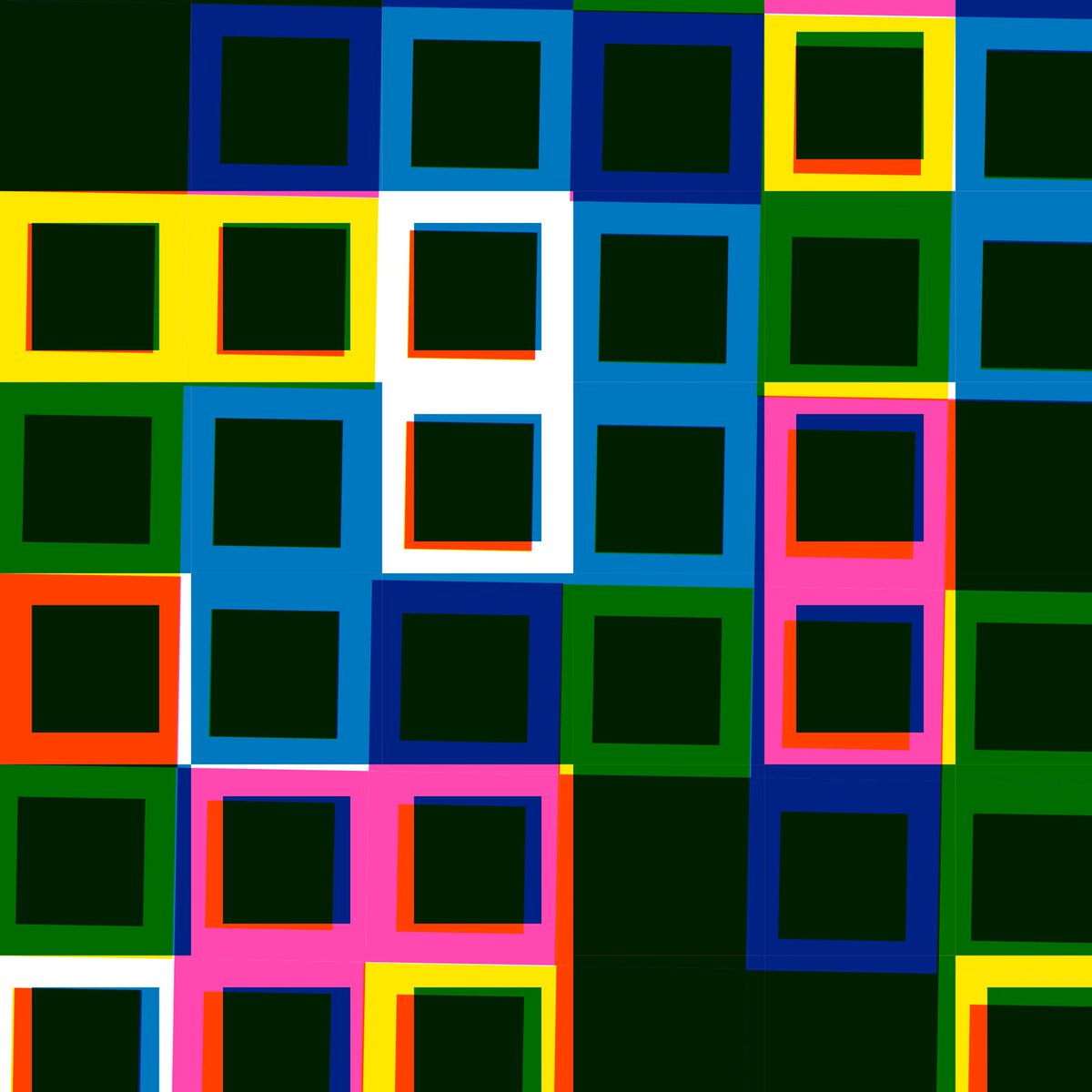 This is Dissonance #1, owned by @PigeonHands. The core idea for the algorithm is to superimpose three grid layers made of basic geometric shapes and use only the three primary colors and a random rotation of each grid to let additional colors and patterns emerge.