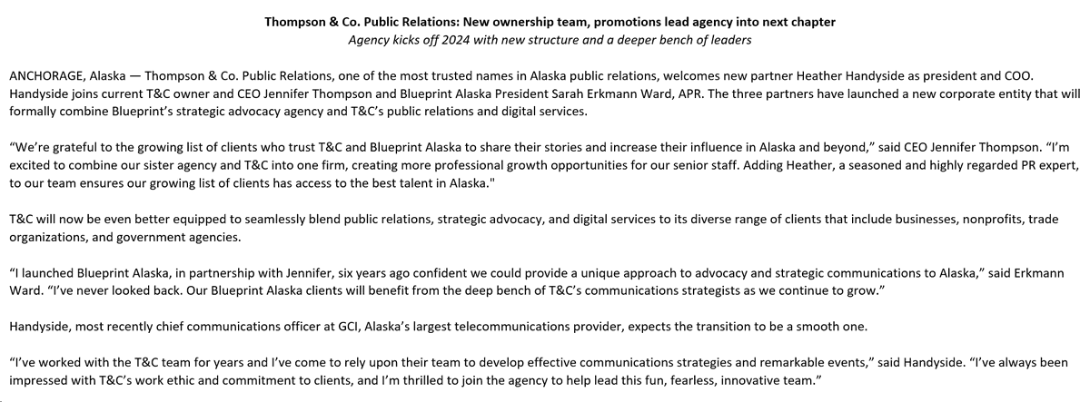 Heather Handyside is leaving her role at GCI to join the PR firm Thompson &amp; Co., owned by Jennifer Thompson. Thompson &amp; Co. is also combining with Blueprint Alaska, run by Sarah Erkmann Ward, to form a single entity. What a team!