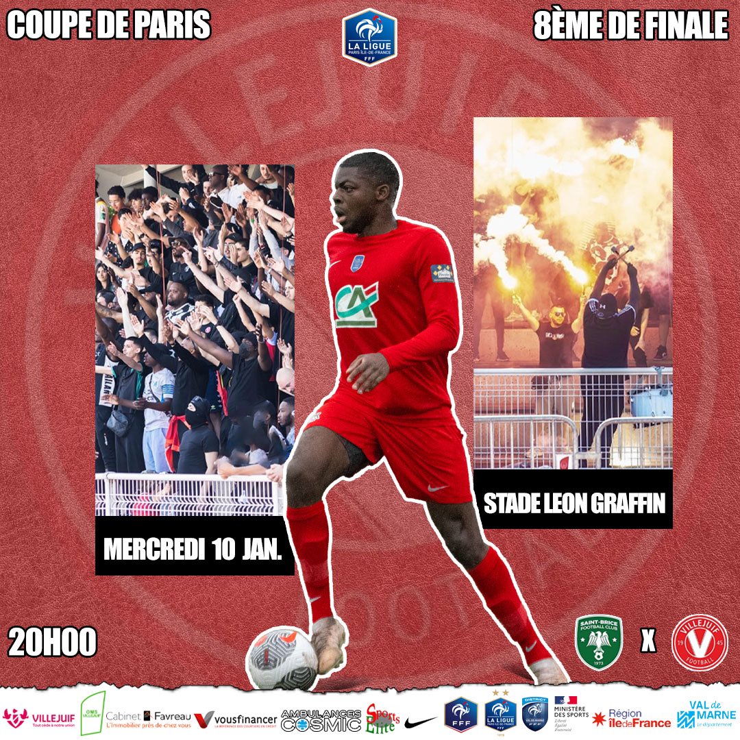 📆 𝗔𝗚𝗘𝗡𝗗𝗔

🔥 Voici le prochain match de notre équipe fanion !!!

🏆 Coupe de Paris | 1/8 Finale
📆 Mercredi 10 Janvier
⌚️ 20h00
🆚 <a href="/StBriceFc/">Saint-Brice F.C</a>
🏟️ Stade Léon Graffin

📲 Suivez-nous sur nos autres réseaux sociaux : "𝗨𝗦 𝗩𝗜𝗟𝗟𝗘𝗝𝗨𝗜𝗙 𝗙𝗢𝗢𝗧" sur Facebook Insta Snap !