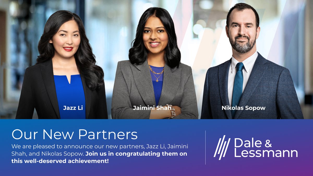 We are pleased to announce our new partners, Jazz Li, Jaimini Shah, and Nikolas Sopow. Join us in congratulating them on this well-deserved achievement!
#lawyers #Congrats