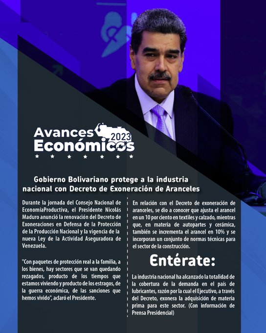 #BoletínInformativo || El Pdte.<a href="/NicolasMaduro/">Nicolás Maduro</a>, anunció la renovación del Decreto de Exoneraciones en Defensa de la Producción Nacional, durante el Consejo Nacional de Economía, lo que va permitir un impacto positivo de protección de la industria nacional.  

#10Ene