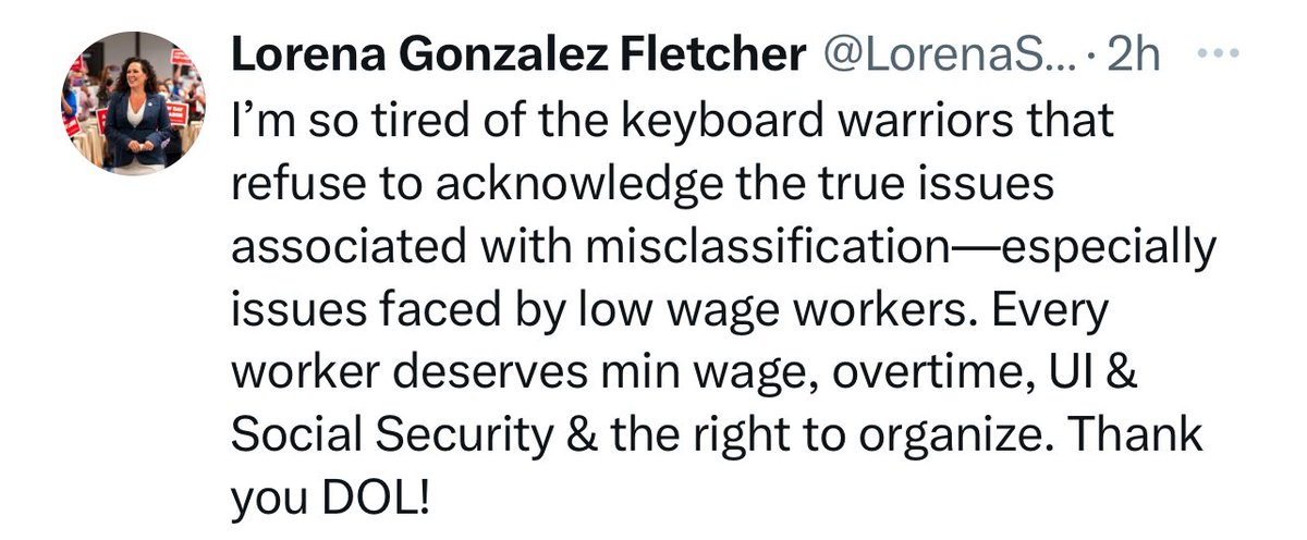 She means us.

We fully acknowledge that misclassification is very real, and very wrong. 

That’s why we are so angry about #FreelanceBusting ideologues like her and <a href="/ActSecJulieSu/">Acting Secretary Julie Su</a> doing it to us.

#FightForFreelancers