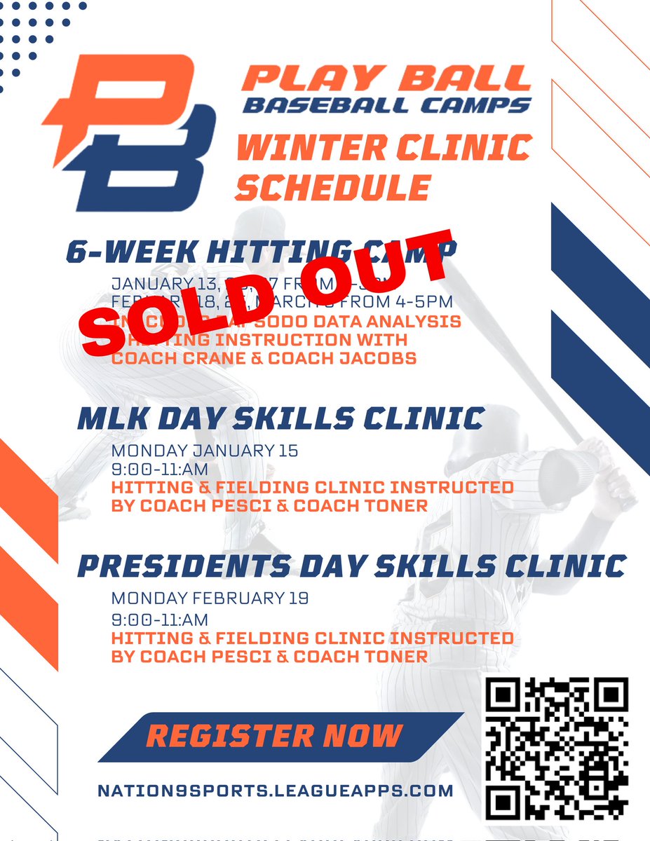 Join Play Ball Baseball Camps on MLK DAY &amp; PRESIDENTS Day to get better on your day off!

6-week hitting Camp has SOLD OUT! Register for our SKILLS CLINICS hosted by Pennsbury Coach Joe Pesci &amp; Neshaminy Coach Dan Toner.
nation9sports.leagueapps.com/camps/4124601-…