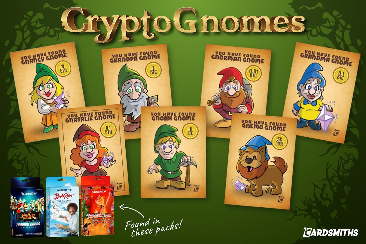 Cryptognomes are loose… look for these collector cards in these products to score bonus crypto currency in what are already great sets!

#Cardsmiths
#cryptocurrency 
#CryptoGnomes
#TradingCards
#BobRoss
#StreetFighter
#DragonsLair