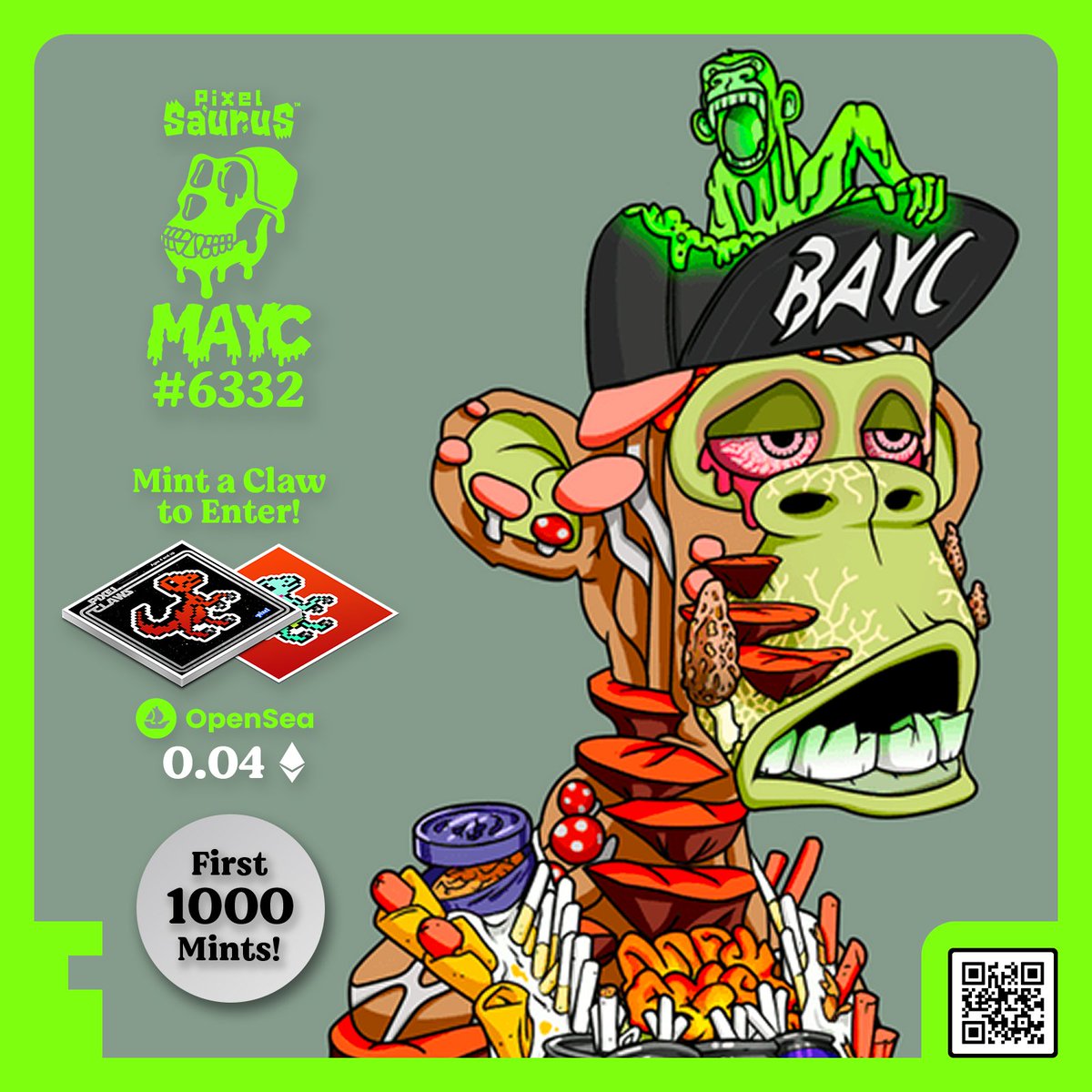 WIN a #MAYC just by minting a PixelSaurus® Claw!

1 person who mints from #0001-#1000 will win Mutant Ape Yacht Club #6332!  🦕🦖🌋

💎 Customize Traits! 💎 Metaverse Ready! 💎 IP Rights! 💎 1000 FREE $RAWR tokens per mint!

Mint via OpenSea | 0.04 Ξ
✨  opensea.io/collection/pix…