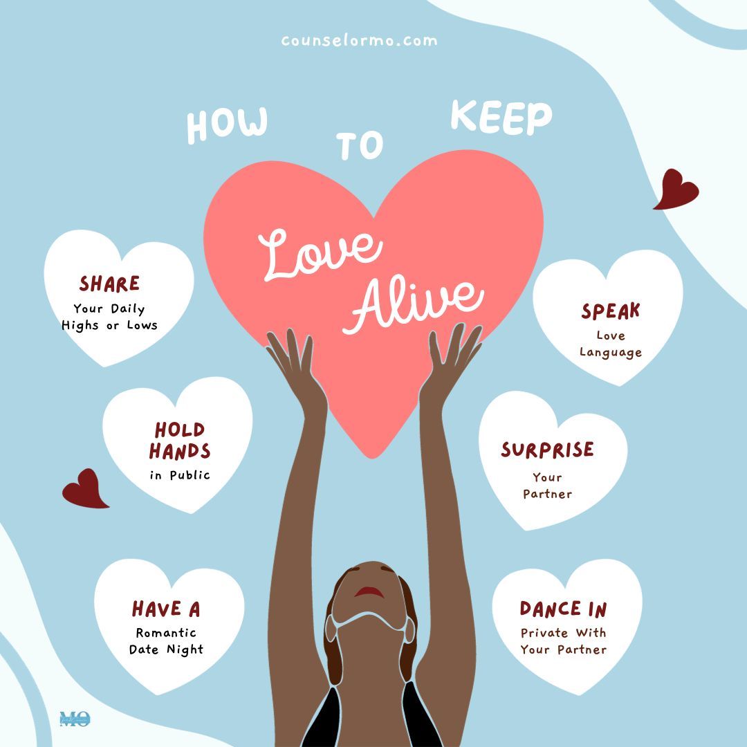 Learn what works if you are hoping to keep your lovelife alive...

💖

#LoveTips #RelationshipGoals
#marriagetips #marriageadvice
#marriagecounseling #relationshipadvice #marriagethatworks #marriagechallenges #marriagecoach #counselormo