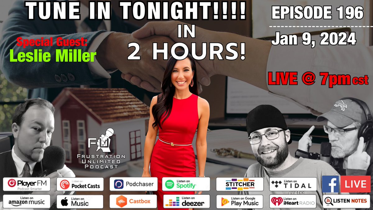 Only 2 hours to go until Leslie Miller joins us on the Frustration Unlimited Podcast. Set your alarms and join us for an episode you won't forget! ⏳🏡 #FU196 #TwoHoursToGo #RealEstateConversations #PodcastAlert

facebook.com/events/1045882…
