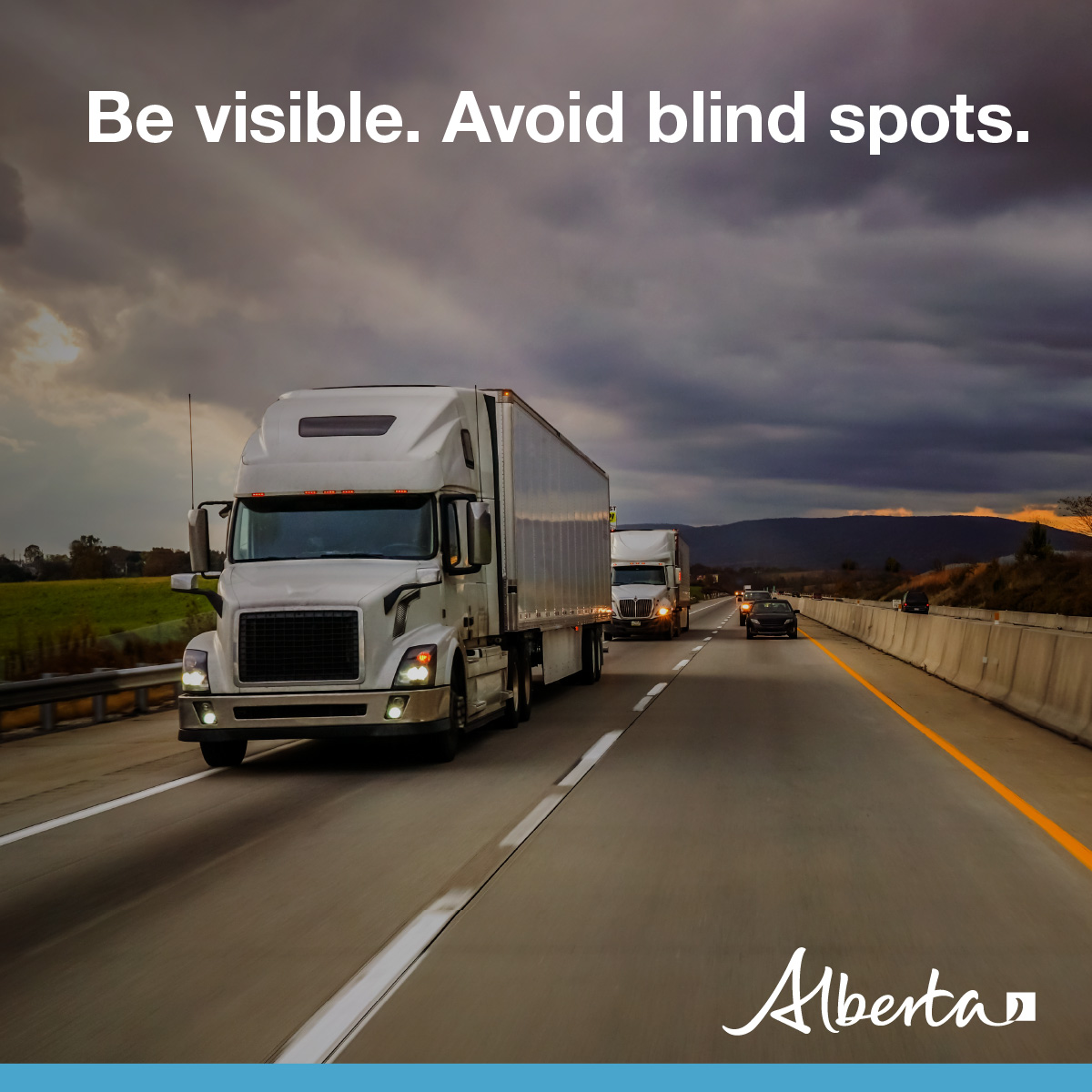 ABTransComm's tweet photo. Avoid driving beside a large truck for any length of time. Trucks have large blind spots and the driver may not be able to see you. #drivingtips #NoZone #ABRoads #DriveSafe #RoadSafety https://t.co/Uy2ybiyvjj