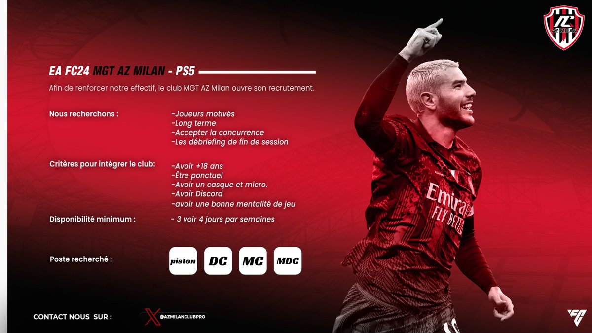Vous êtes passionné de Club Pro et vous cherchez un club sérieux et ambitieux ? Rejoignez MGT AZ Milan, le champion de la 3ème division de la VPG suisse la saison dernière !

Si vous êtes intéressé par l’un de ces postes, contactez-nous par message privé ou sur notre discord.