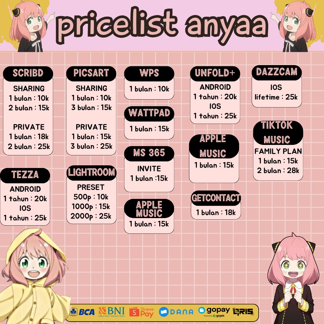 helloo ka, aku adaa canva disney vidio youtube we tv iqiyi scribd picsart apple music viu spotify amazon prime hbo go netflix premium dan lain lain nihh
☎️ bit.ly/WA-anyaa
📨2300+testi bit.ly/Testimoni_anya
💸all e-wallet &amp; Qris
#zonauang