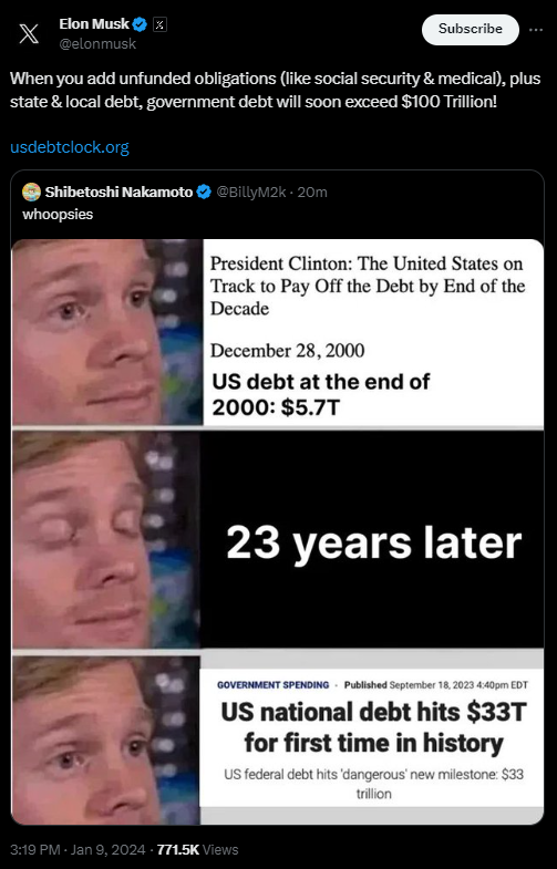 echodatruth's tweet photo. ??? US Debt Clock not updating for the first time!?!? 

On the same day that Elon Musk posted about the https://t.co/78mq47RSyp today??? 

Is it because it went full circle since its first message on 10/1/2023?🤔Has the Moneychangers been over thrown? 

#USDebtClock https://t.co/BNQRsQhwDQ