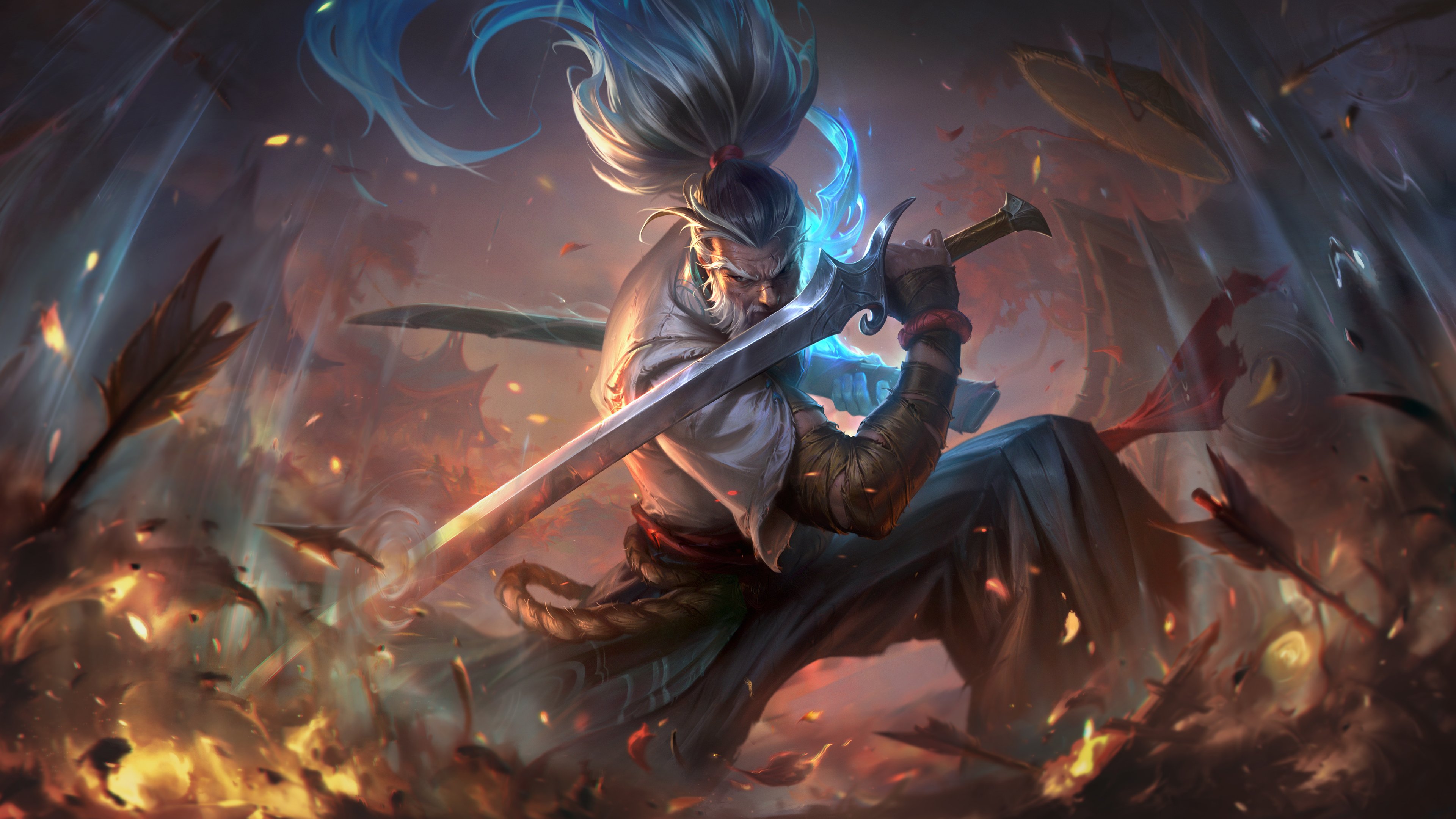 Foreseen Yasuo crouches behind his Wind Wall, brandishing his sword as arrows crash down in the foreground.