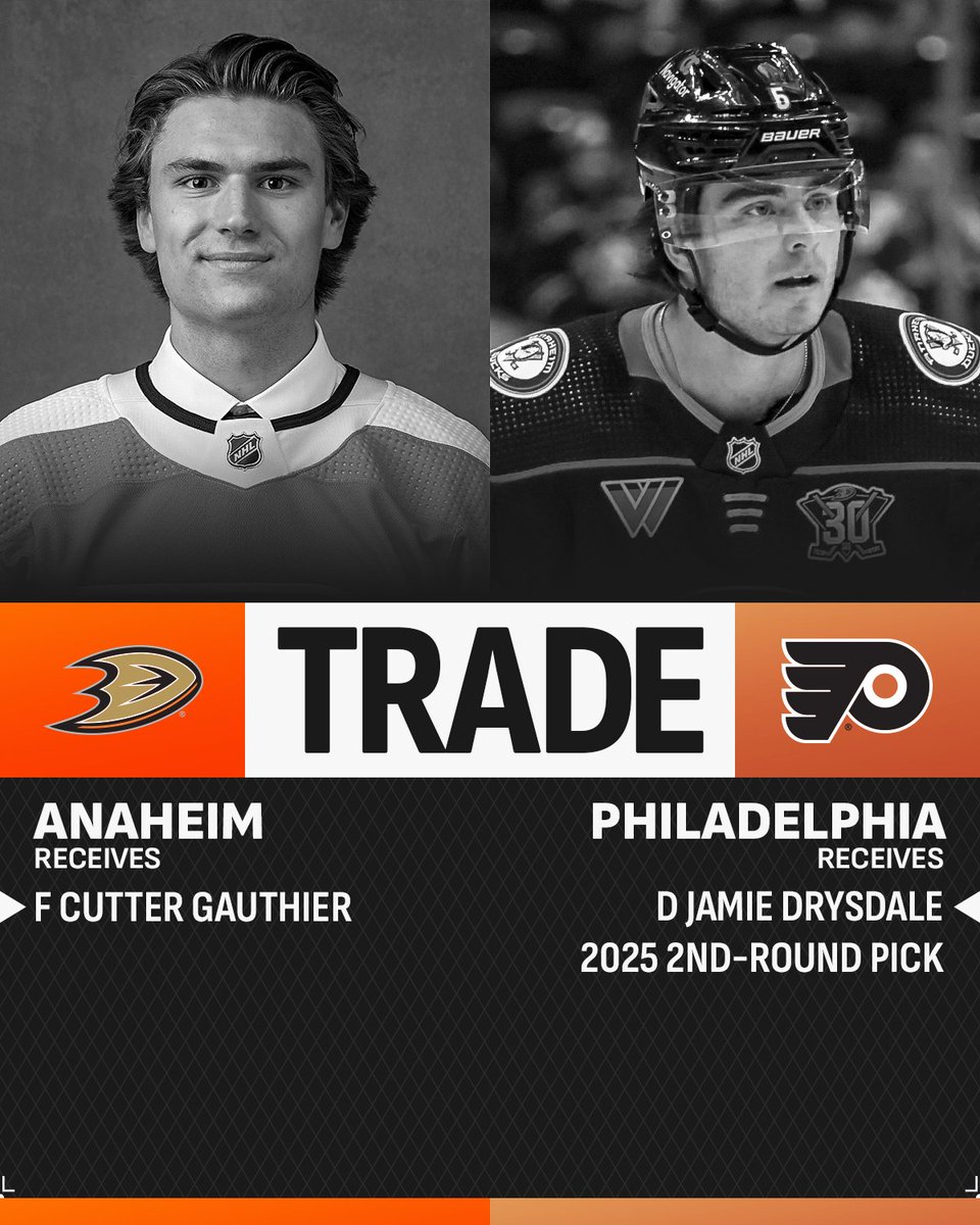 🚨 <a href="/NHL/">NHL</a> Trade Alert! 🚨

To <a href="/AnaheimDucks/">x - Anaheim Ducks</a> F Cutter Gauthier

To <a href="/NHLFlyers/">x - Philadelphia Flyers</a> D Jamie Drysdale and a 2025 2nd Round Pick

#DSports Grading:
#FlyTogether : A
Add a great young 2 way forward with a very high ceiling.

#LetsGoFlyers : A
Bolster their D-Core with a great two-way D-Man.