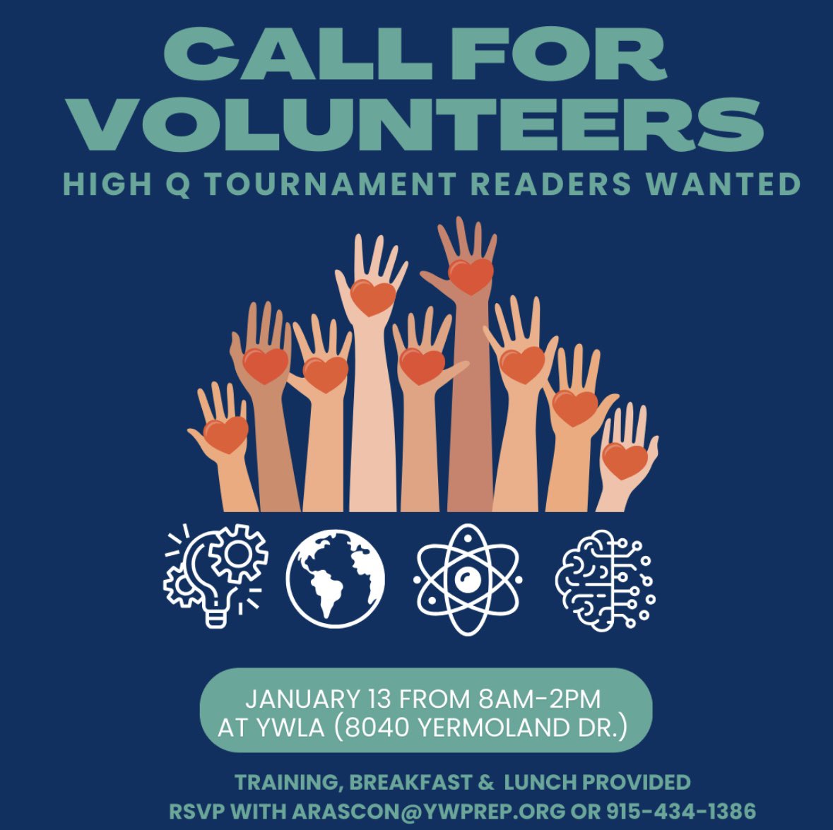 📣VOLUNTEER OPPORTUNITY! 
CALL FOR HIGH-Q READERS JANUARY 13: Our YWLA team is excited to host a regional High Q qualifying tournament on our campus on Saturday, January 13th, 2024 from 8-2pm at YWLA (8040 Yermoland Dr.). Training, breakfast, and lunch will be provided.