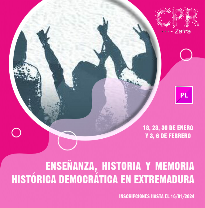 CPR_Zafra's tweet photo. Formación en enero:
CURSO: ENSEÑANZA, HISTORIA Y MEMORIA HISTÓRICA DEMOCRÁTICA EN EXTREMADURA. 
Fin inscripción 16/01/2024.
Inscripciones: https://t.co/q1RzDgsuPa https://t.co/4nxu3WTS6C