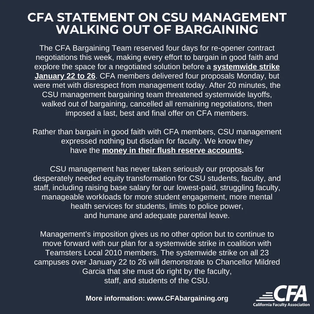 The CFA Bargaining Team reserved four days for re-opener contract negotiations this week, making every effort to bargain in good faith and explore the space for a negotiated solution before a systemwide strike January 22 to 26. CFA members delivered four proposals Monday, but were met with disrespect from management today. After 20 minutes, the CSU management bargaining team threatened systemwide layoffs, walked out of bargaining, cancelled all remaining negotiations, then imposed a last, best and final offer on CFA members.

Rather than bargain in good faith with CFA members, CSU management expressed nothing but disdain for faculty. We know they 
have the money in their flush reserve accounts.

CSU management has never taken seriously our proposals for desperately needed equity transformation for CSU students, faculty, and staff, including raising base salary for our lowest-paid, struggling faculty, manageable workloads for more student engagement, more mental health services for stud