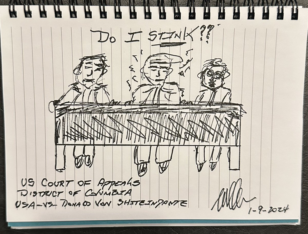 Working on my doodling skills and produced the following rendition of Donald Von ShitzInPantz passing highly sensitive messages to his attorneys during today’s hearing  before the US Court of Appeals: District of Columbia. #TeamCohen #StopTheStink #DonaldStinks