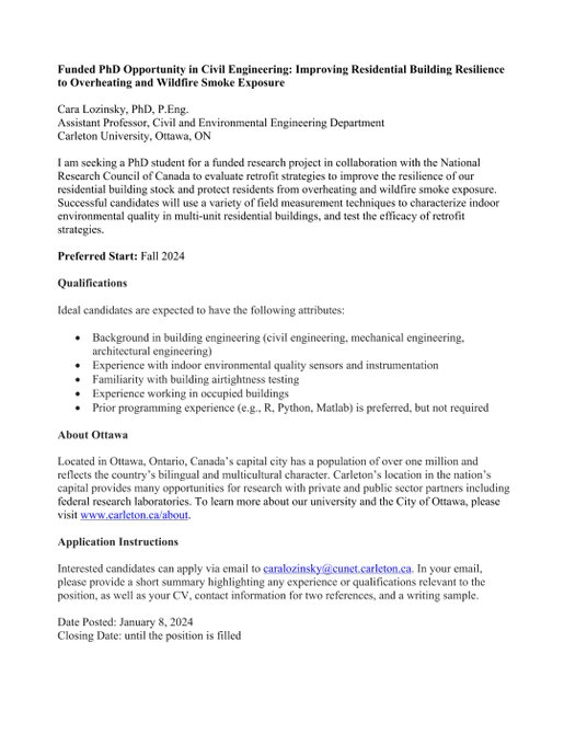 Sir_Rexpect's tweet image. ️Calling all #CivilEngineers! Want to make buildings more resilient to overheating &amp;amp; wildfire smoke?  Join this Fully funded PhD project at @CarletonU to develop &amp;amp; test retrofit strategies! Apply now &amp;amp; be part of the solution: carleton.ca/engineering-de…

 #PhDFunding #ClimateAction