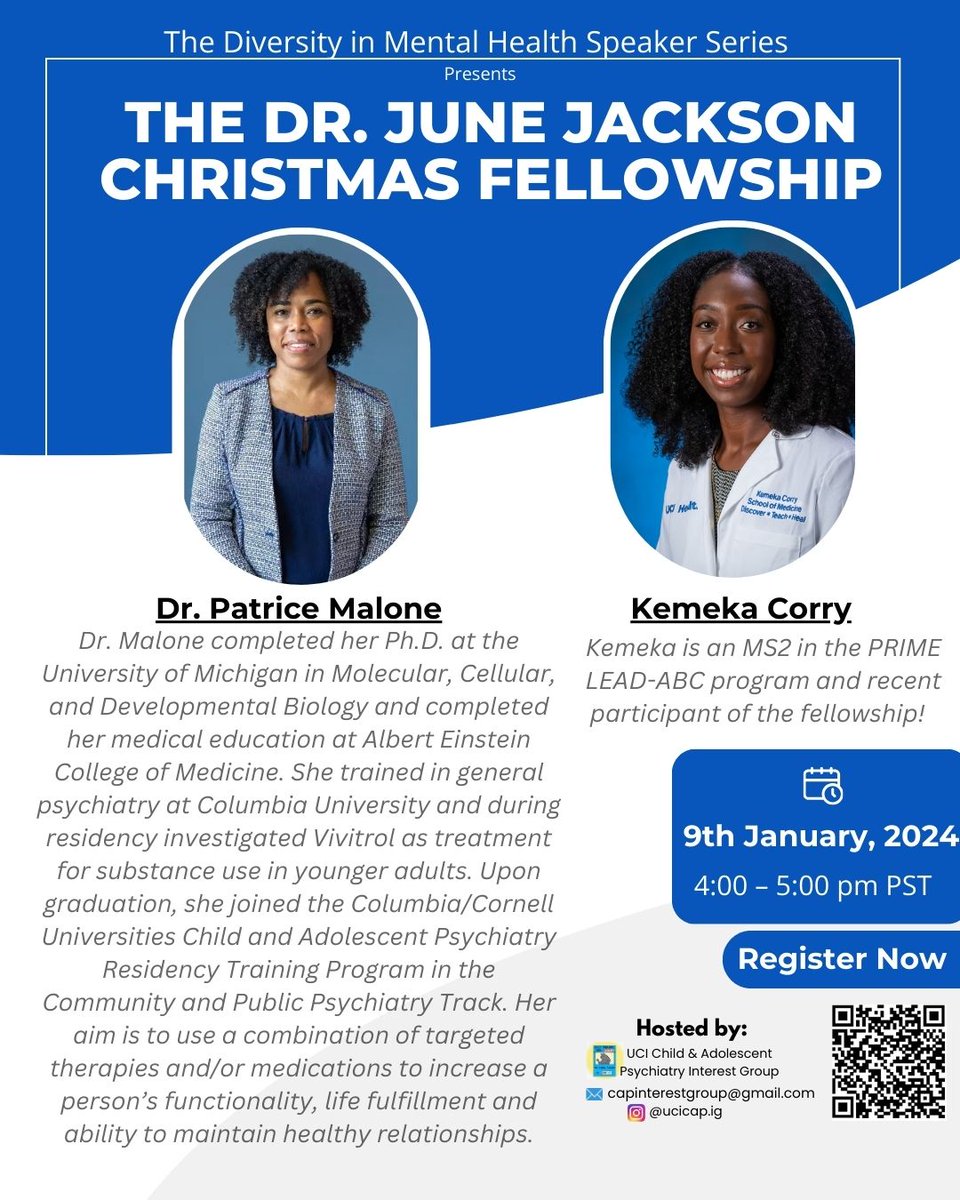 perserveringP's tweet image. Tonight at 4pm PST in less than an hour. 
Come listen to Dr. Patrice Malone from NYPI-Columbia talk about the Dr. June Jackson Christmas Medical Student Program. This is great for MS1s or MS3s looking for opportunities.

#psychiatrytwitter
#medicalstudents 
#psychtwitter