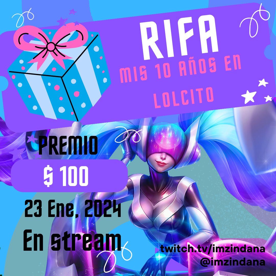 RIFA!!! Cumplo 10 años desde mis inicios en Lolcito y para celebrarlo quiero compartirles $100 (RP/Valo) para ustedes y un amigu ($50 c/u)
Requisitos:
-Seguirme en mi Twitter <a href="/imzindana/">Zindana</a> 
-Dar repost a esta publicación y etiquetar al amigu con el que deseen compartir el premio :3