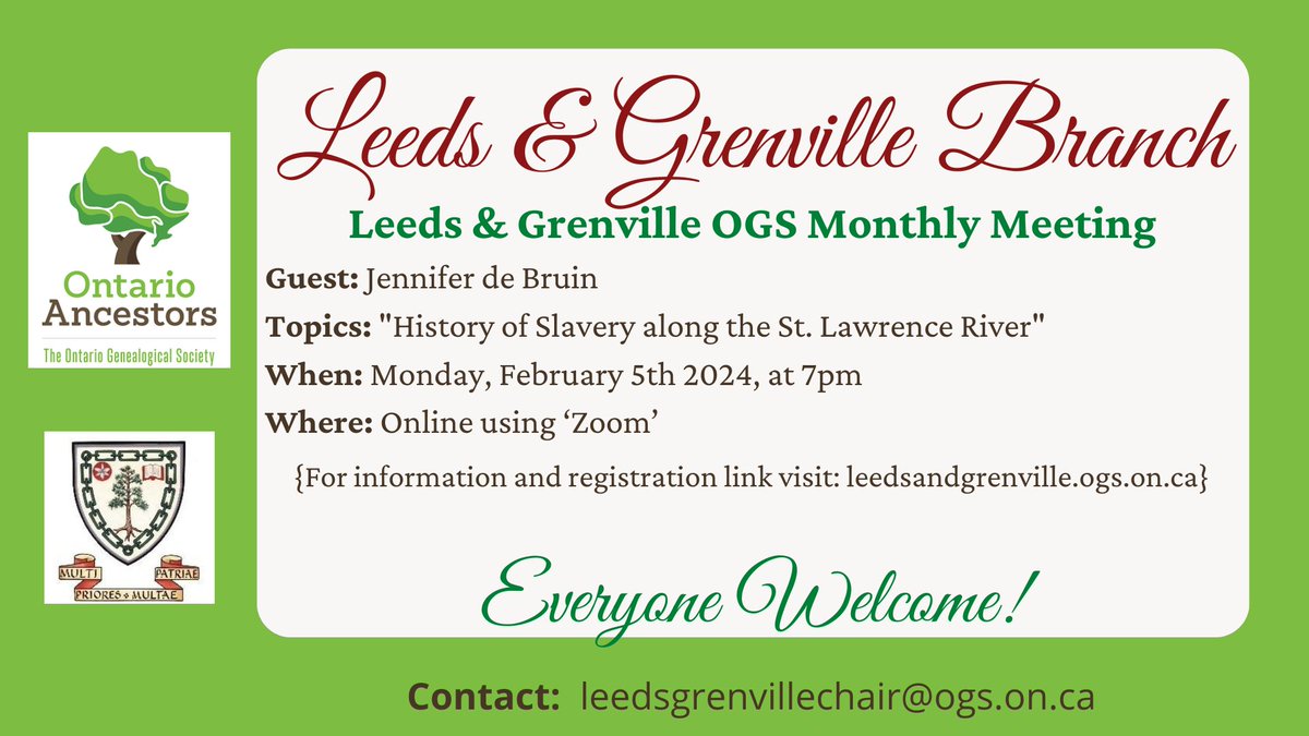 Join us Feb 5th @ 7pm via Zoom
Author and speaker Jennifer de Bruin presents: "History of Slavery along the St. Lawrence River."

Visit: leedsandgrenville@ogs.on.ca 
Register: us02web.zoom.us/meeting/regist…

#BlackHistoryMonth #stlawrenceriver #leedsgrenville #easternontario #genealogy