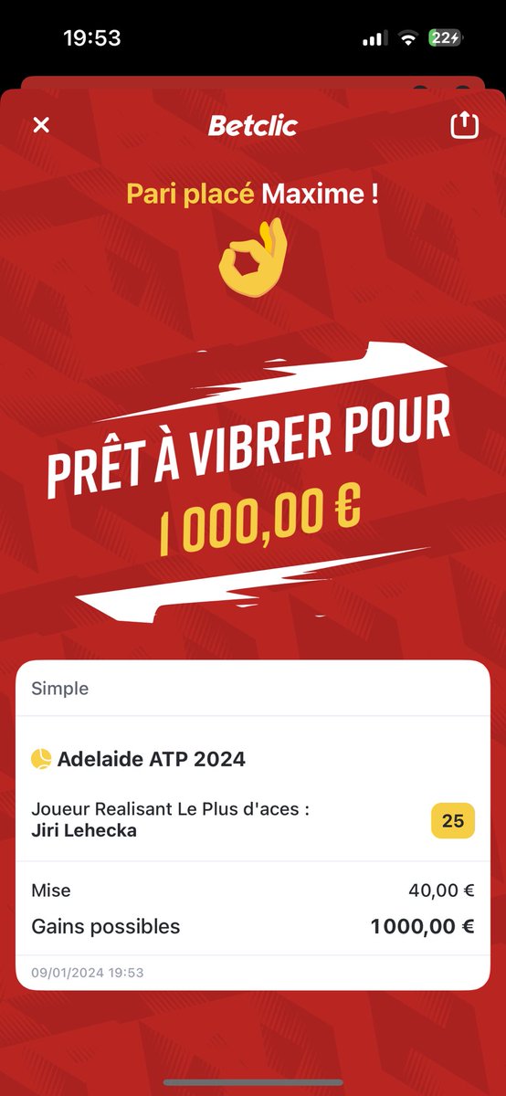 Opening_bet's tweet image. Lehecka OT aces 0.5u (limite 40€) #TeamParieur