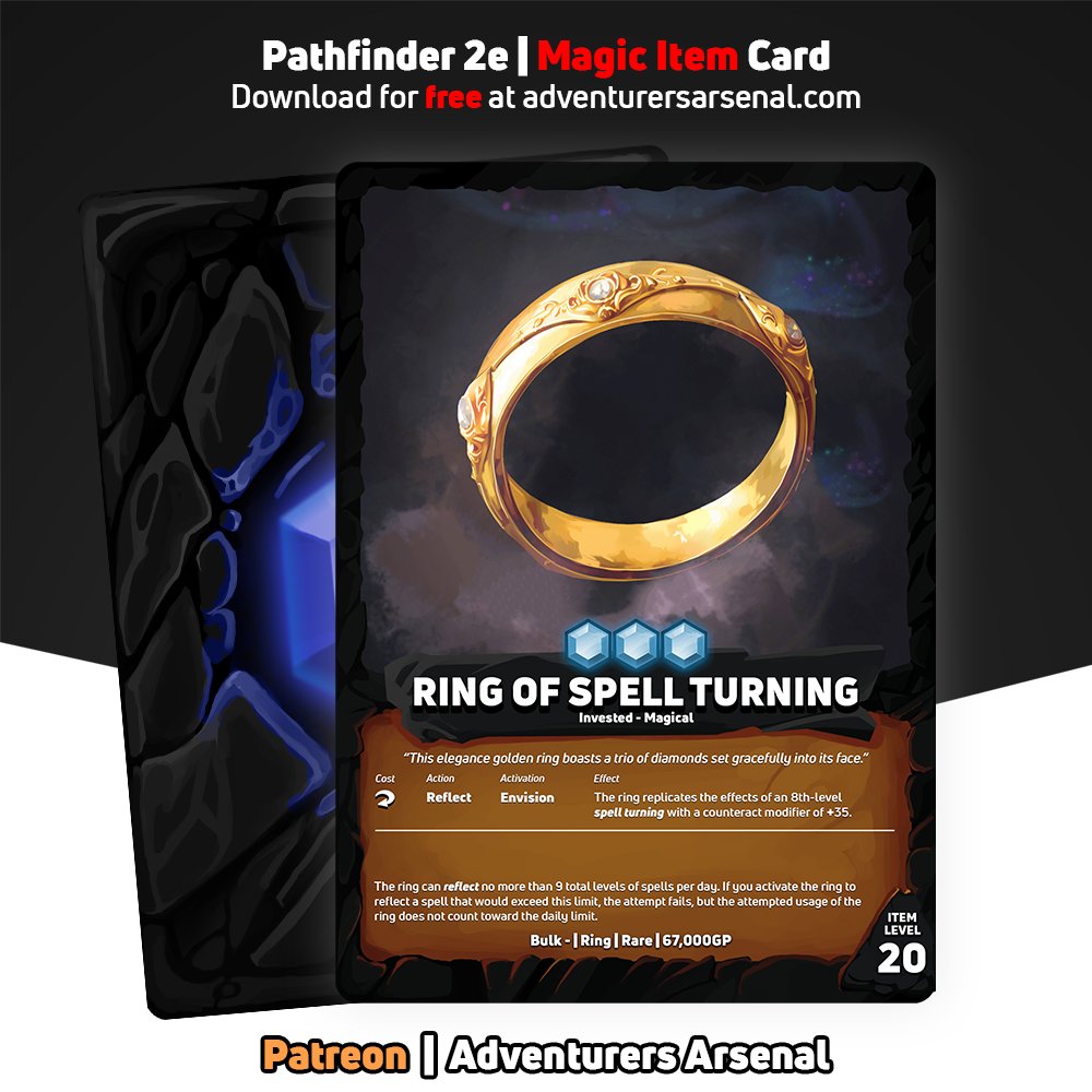 AdventArsenal's tweet image. 🌟 Magic Item Reveal: Ring of Spell Turning🌟

a wondrous ring that can effortlessly deflect the mightiest spells and turn the tables...  And guess what? It's absolutely FREE! 

Download today at: adventurersarsenal.com

#pathfinder #pathfinder2e #pf2e