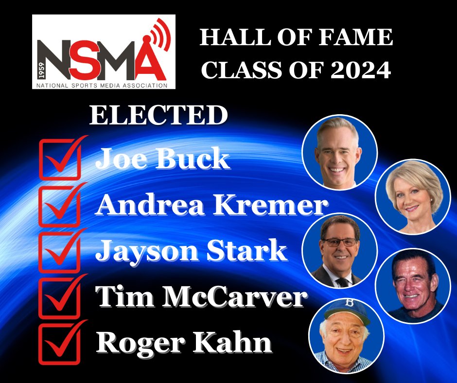 NSMASportsMedia's tweet photo. Congratulations to our newest Hall of Famers @Buck @andrea_kremer @jaysonst and the late Tim McCarver and Roger Kahn!

Congrats also to '23 National Sportscaster of the Year Kevin Harlan &amp; '23 National Sportswriter of ther Year @JeffPassan.

Full story: https://t.co/AFtv2i62Rr https://t.co/yYKRs1DguD