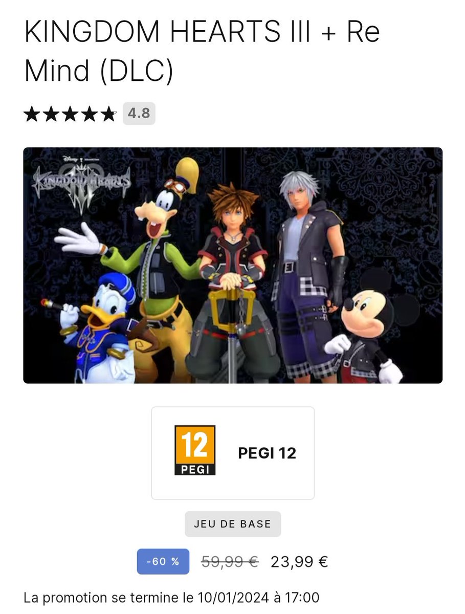 Zero partenariat (si seulement!) mais Kingdom Hearts 3 est en promotion jusqu'à demain 17h sur Epic Games donc si vous avez envie de tester le jeu avec le mod, c'est maintenant qu'il faut en profiter ✨️