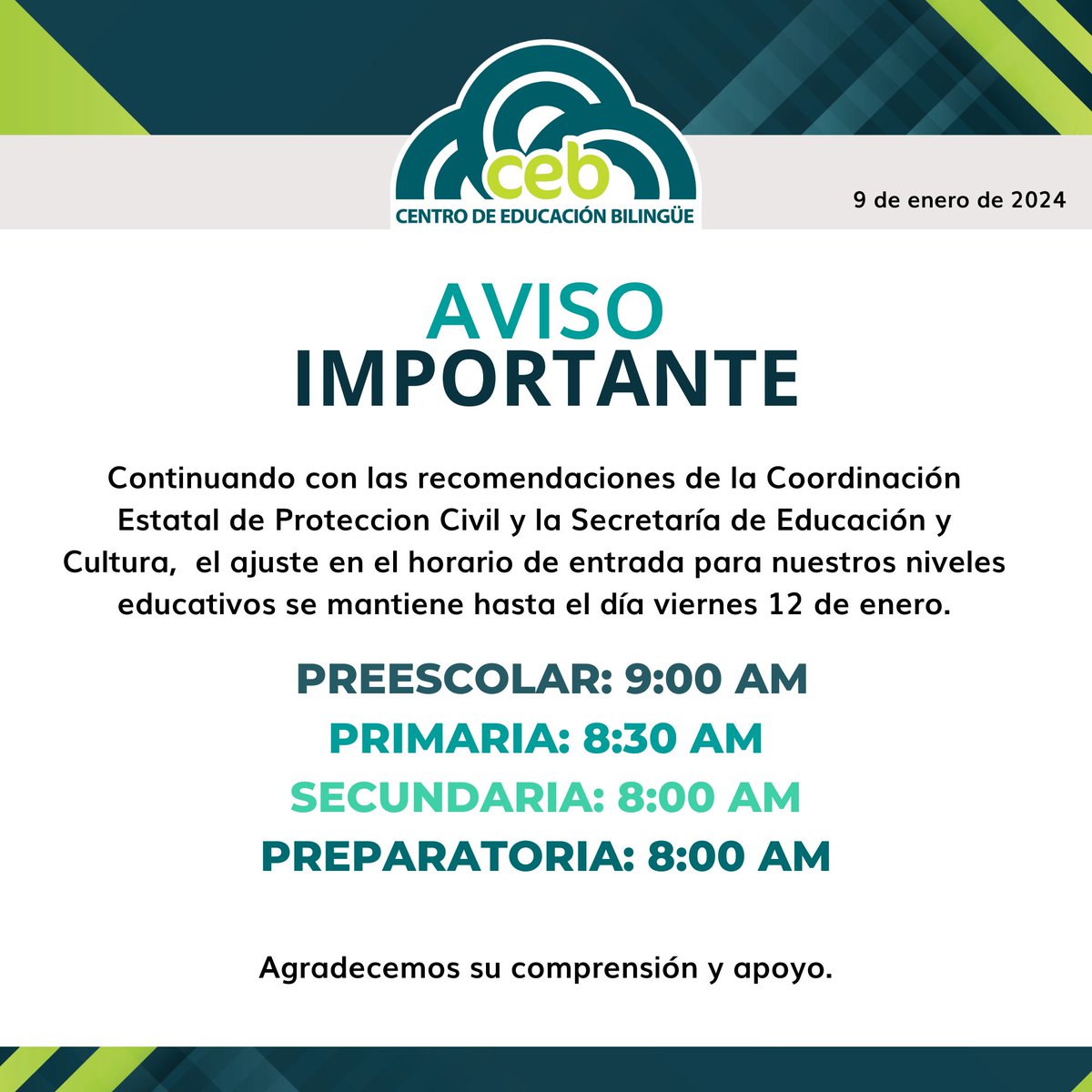 CEBHermosillo's tweet photo. ❄️ Aviso importante: Del 9 al 12 de enero, continuamos con el ajuste en el horario de entrada para nuestros niveles educativos.

- Preescolar: 9:00 am
- Primaria: 8:30 am
- Secundaria: 8:00 am
- Preparatoria: 8:00 am

Gracias por su comprensión y apoyo.
#SomosDragones https://t.co/S65XDWi6r7