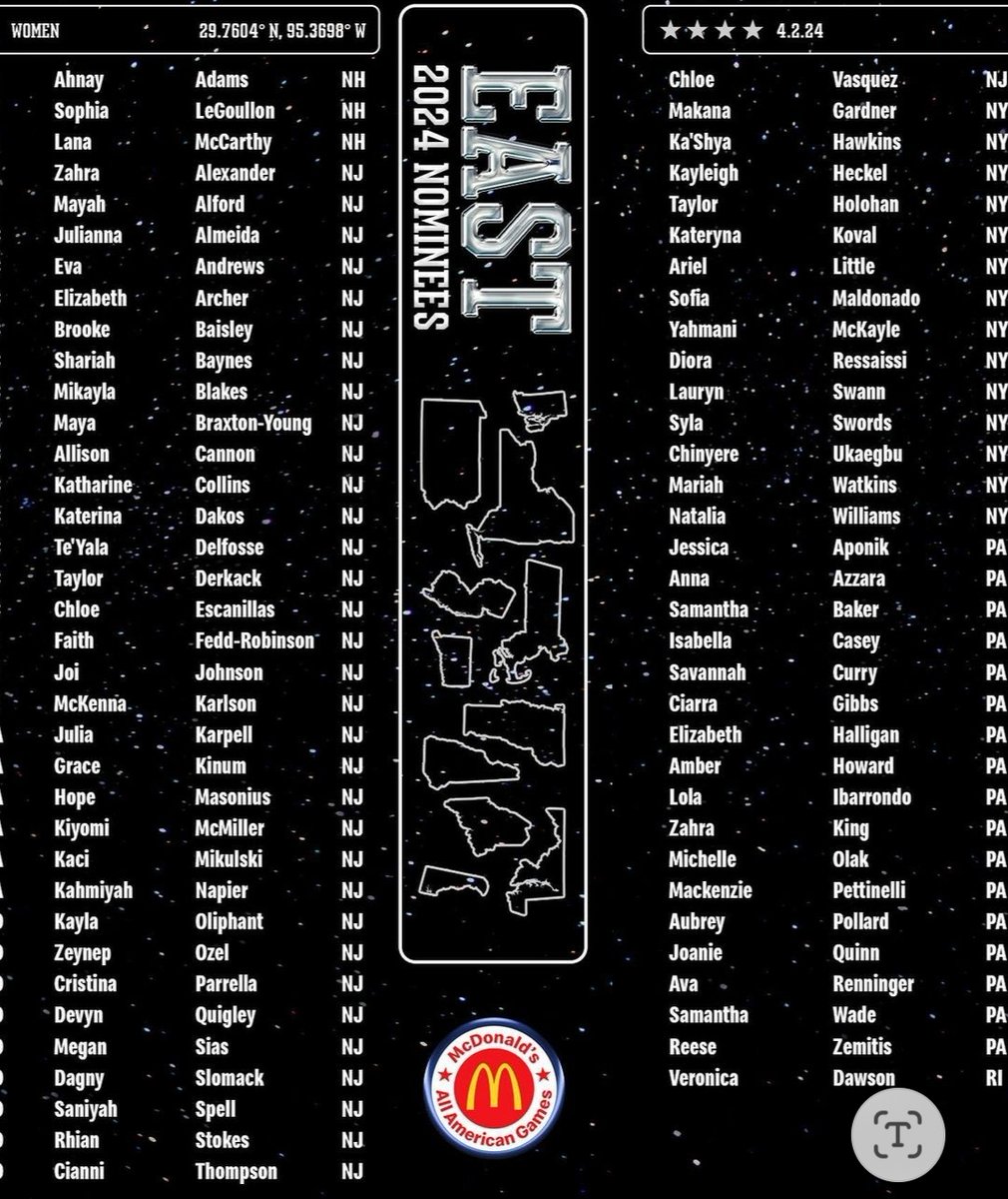 NJ Ladies Hoops (@njladieshoops) on Twitter photo CONGRATS JERSEY HOOPERS - Class of '24 Nominated for the April <a href="/McDAAG/">McDonald's All American Games</a> team.
34 Jersey Ladies were nominated (TY Coaches/AD's/Principals for the nominations)
FYI - only 6 Boys were nominated for the whole state
<a href="/RutgersPrep_GBB/">RutgersPrepGirlsBball</a> @TCA_GIRLSBBALL <a href="/PVIGIRLSBBALL/">Paul VI Girls Basketball</a> <a href="/GSB_WBB/">Knights WBB</a> CONGRATS JERSEY HOOPERS - Class of '24 Nominated for the April <a href="/McDAAG/">McDonald's All American Games</a> team.
34 Jersey Ladies were nominated (TY Coaches/AD's/Principals for the nominations)
FYI - only 6 Boys were nominated for the whole state
<a href="/RutgersPrep_GBB/">RutgersPrepGirlsBball</a> @TCA_GIRLSBBALL <a href="/PVIGIRLSBBALL/">Paul VI Girls Basketball</a> <a href="/GSB_WBB/">Knights WBB</a>