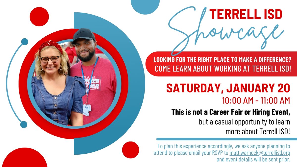 Terrell ISD (@terrellisd) on Twitter photo Join Terrell ISD to learn more about working for the district on Saturday, January 20 from 10:00-11:00 AM. This is not a job fair, but a casual opportunity to get to know us!
Please email your RSVP to matt.warnock@terrellisd.org and event details will be sent before the event. Join Terrell ISD to learn more about working for the district on Saturday, January 20 from 10:00-11:00 AM. This is not a job fair, but a casual opportunity to get to know us!
Please email your RSVP to matt.warnock@terrellisd.org and event details will be sent before the event.