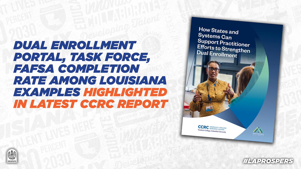 LA_Regents's tweet photo. GREAT NEWS! 

Louisiana is highlighted as an example of how states and systems can strengthen #DualEnrollment efforts, according to a new report released by @communityccrc at Columbia University.

READ REPORT: https://t.co/0FF02IpsI0

#LaProspers #Regents50 https://t.co/cQDePbGPoM