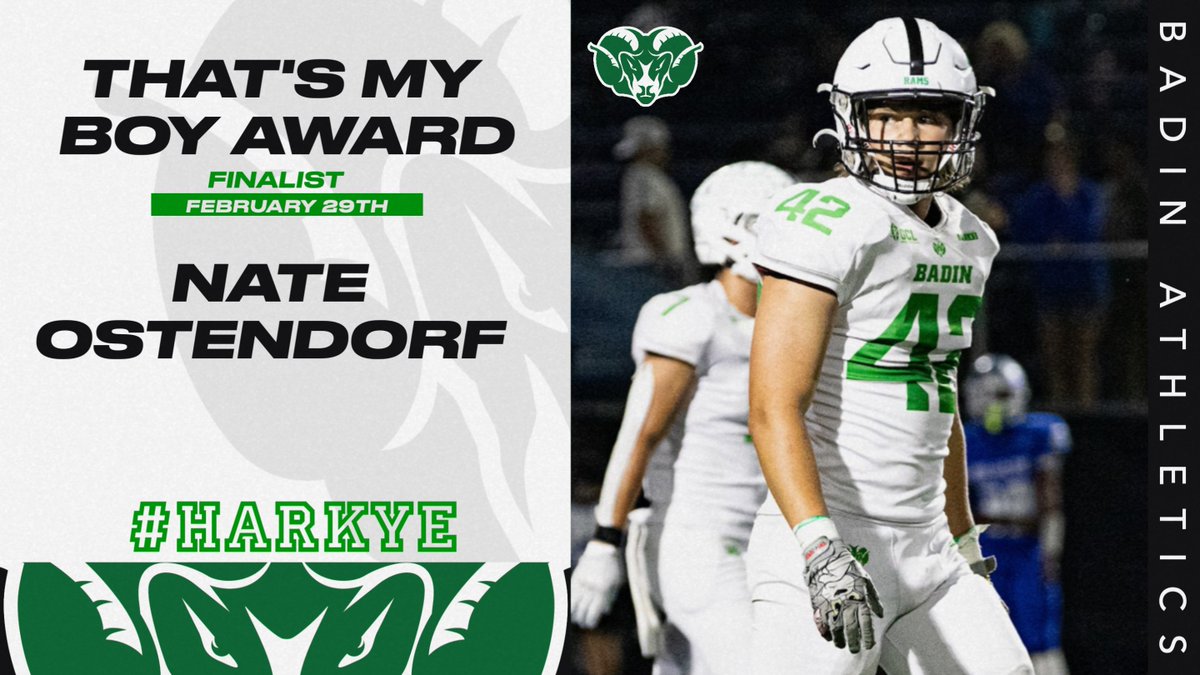 Nate Ostendorf '24 (LB) has been named a finalist for the "That's My Boy Award". 

The award represents football excellence, academic performance, and involvement in extracurricular activities. The award is given every year since 1962 and is a top award in the area.

#HarkYe 🐏