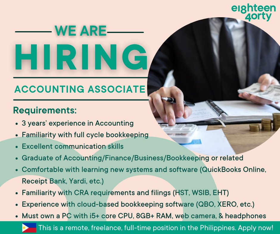 1840andCompany's tweet image. We are looking for Accounting Associates based in the Philippines with a minimum of 3 years experience in accounting, payroll, and financial statements.

Learn more and apply here 👉 bit.ly/3tRB9Gw

#AccountingAssociate #Remotework #Philippines #Freelancing #Bookkeping
