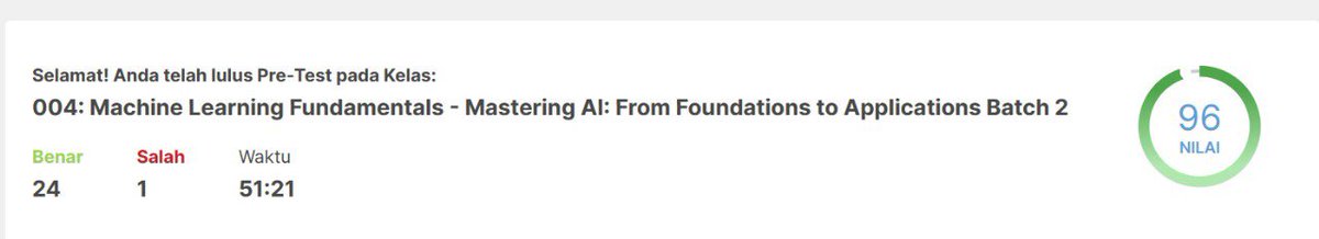 NurRahmanFauz's tweet image. Got 96 score on Pre-Test Machine Learning Fundamentals from Skill Academy Pro #30daysofAI #30daysofMachineLearning