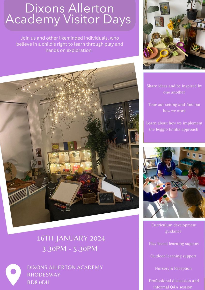 Due to popular demand, we have added 8 more places to the Dixons Allerton Academy Visitor Session! @dixonsaa Book now to share ideas, tour the setting and learn about how the school implement the Reggio Emilia approach! Click here to book 👉 bradfordbirthto19.co.uk/early-years/st…