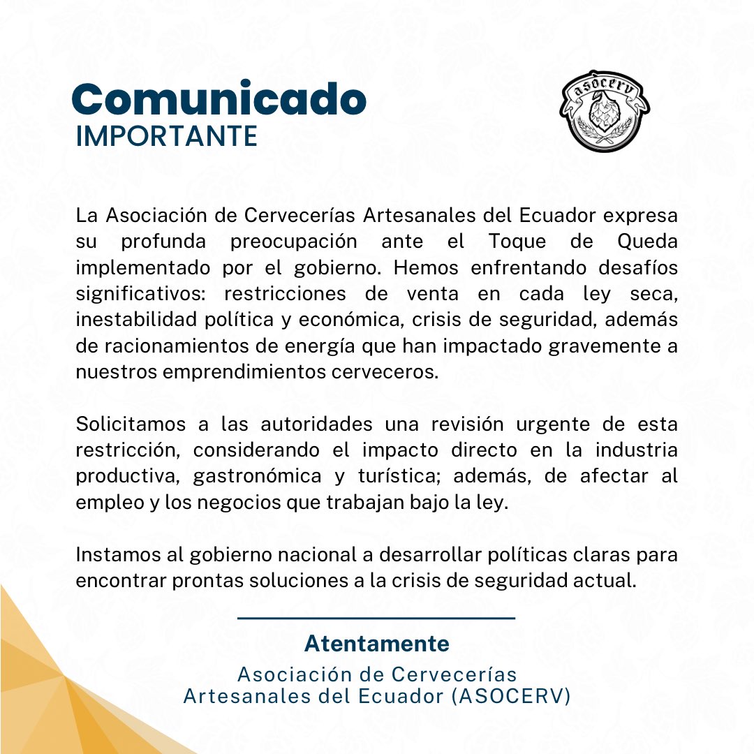 AsoCervEc's tweet photo. Expresamos nuestra preocupación ante el reciente Toque de Queda. Enfrentamos restricciones, inestabilidad y crisis de seguridad. Solicitamos una revisión urgente de la situación y políticas claras para proteger el empleo y negocios @DanielNoboaOk @sonsoles89 @NielsOlsenP https://t.co/FKfAvRSSK0