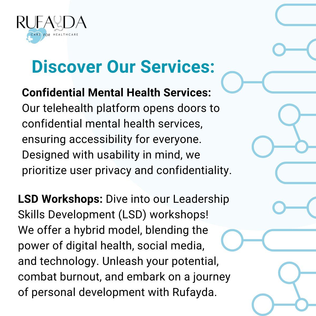 Discover Our Services! Confidential Mental Health Support. We prioritize your well-being. Join Rufayda on the journey to empowerment! #RUFAYDA #MentalHealth #HealthcareWellBeing #MedTwitter