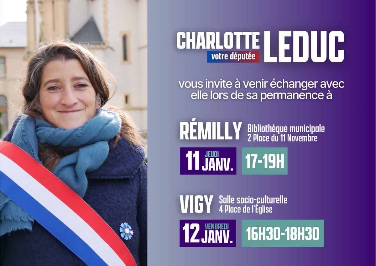 CharlotteLeducV's tweet photo. 📅 Cette semaine, je tiendrai deux permanences en circonscription :
👉 jeudi 11 janvier à #Rémilly
👉 vendredi 12 janvier à #Vigy
👂 Maintenir le lien avec les citoyen·nes de toute la circonscription est essentiel pour moi : j'espère vous voir nombreux·ses pour échanger ! https://t.co/izs0sI4xc6