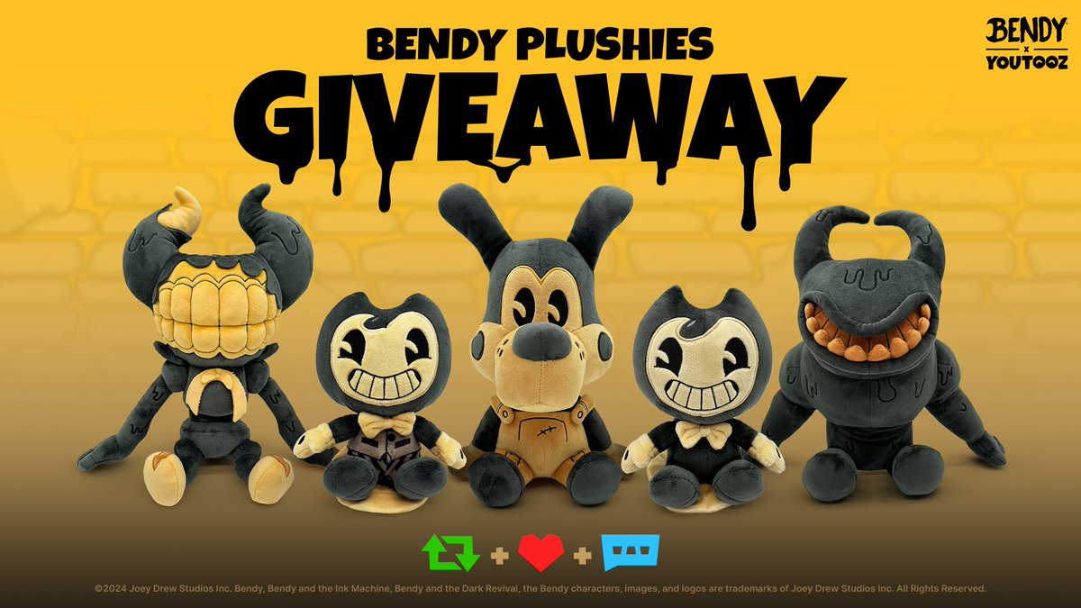 an epic and inky #bendy plushie collection giveaway! to enter 👉 retweet, like and comment BENDYTOOZ 🎞️ 5 winners announced friday goodluck 🖤