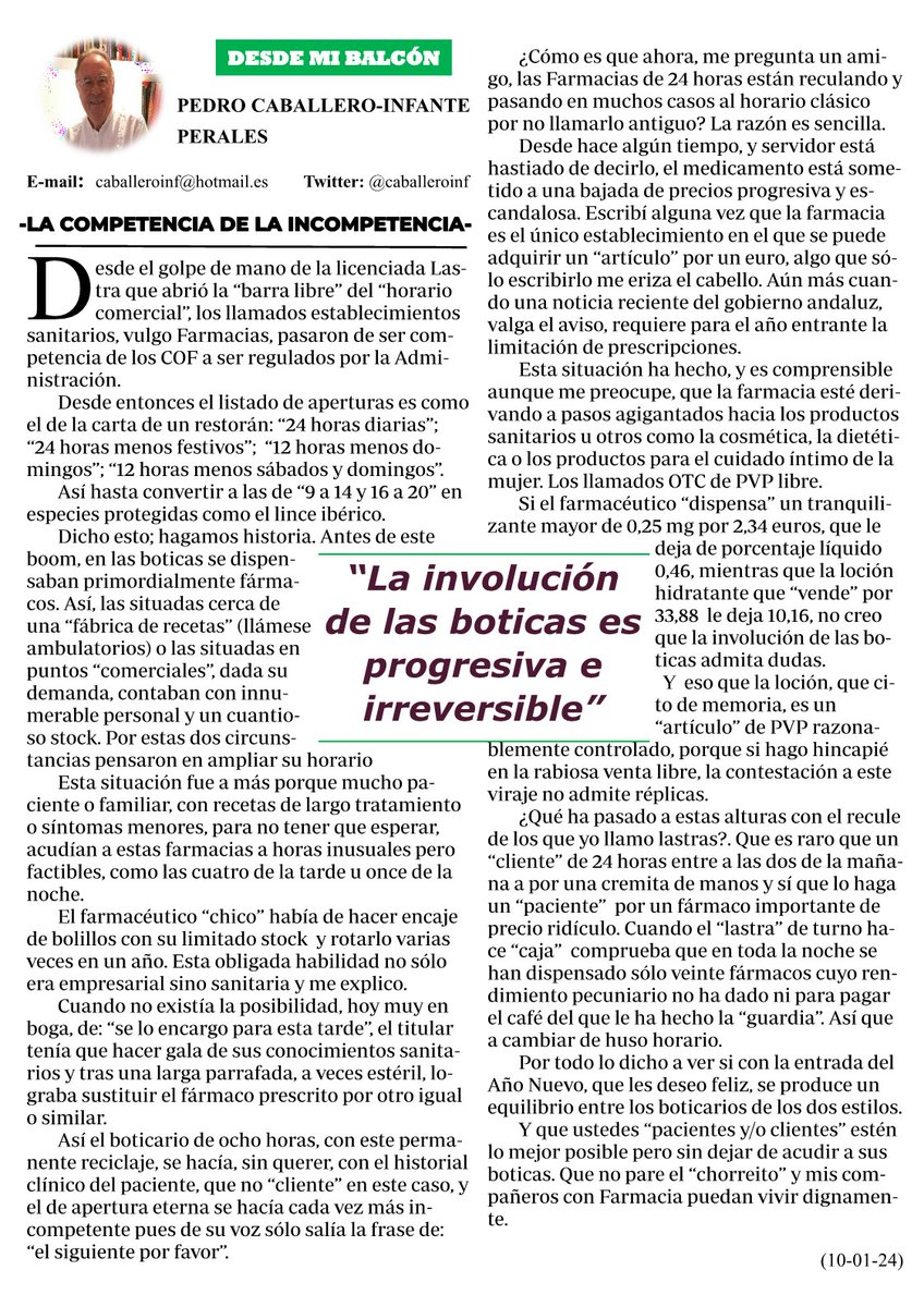 caballeroinf's tweet photo. Os dejo con mi nuevo artículo Desde Mi Balcón
No pierdas la oportunidad de leerlo.
#Licenciada #Lastra #Horarios #Competencias #COF #Consejerías #Ambulatorios #PVP #Márgenes #Grandes #Chicos #Tranquilizantes #Lociones https://t.co/ATLvpugAtH