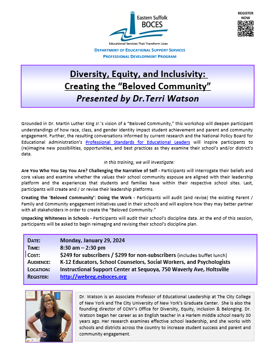 1/29-Diversity, Equity, and Inclusivity: Creating the Beloved Community Presented by Dr. Terri Watson
Register here: bit.ly/3tNR1Kd